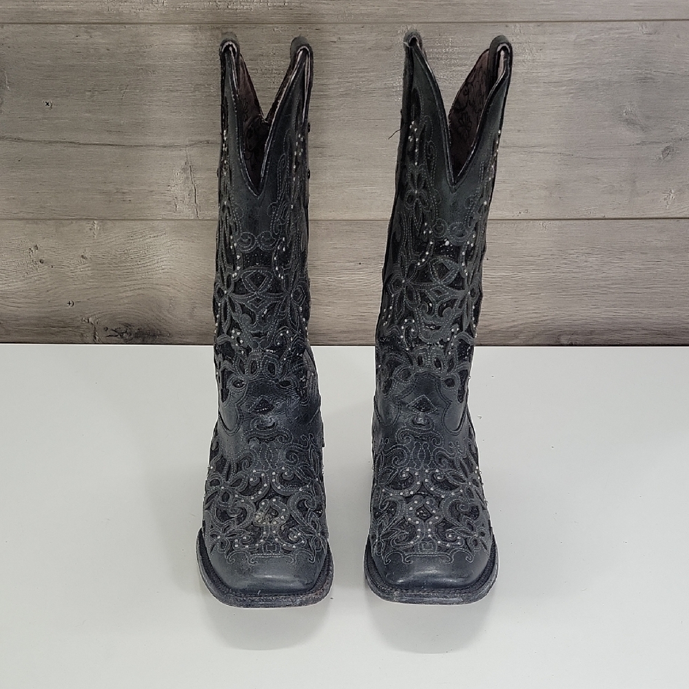 Women's Alfa Dark Gray/Black Cut-Out Embellished Western Boots Sz 9